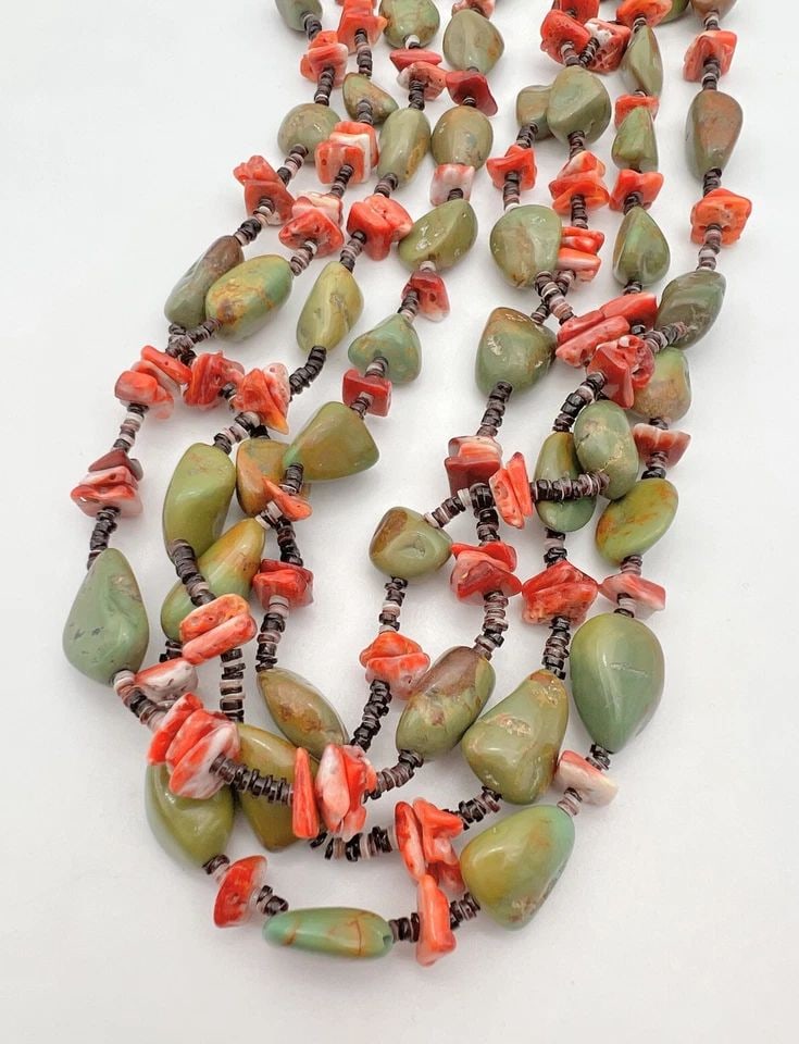SANTO DOMINGO KEWA ROYSTON TURQUOISE & SPINY OYSTER HEISHI 4 STRAND NECKLACE 26" (1 of 2)