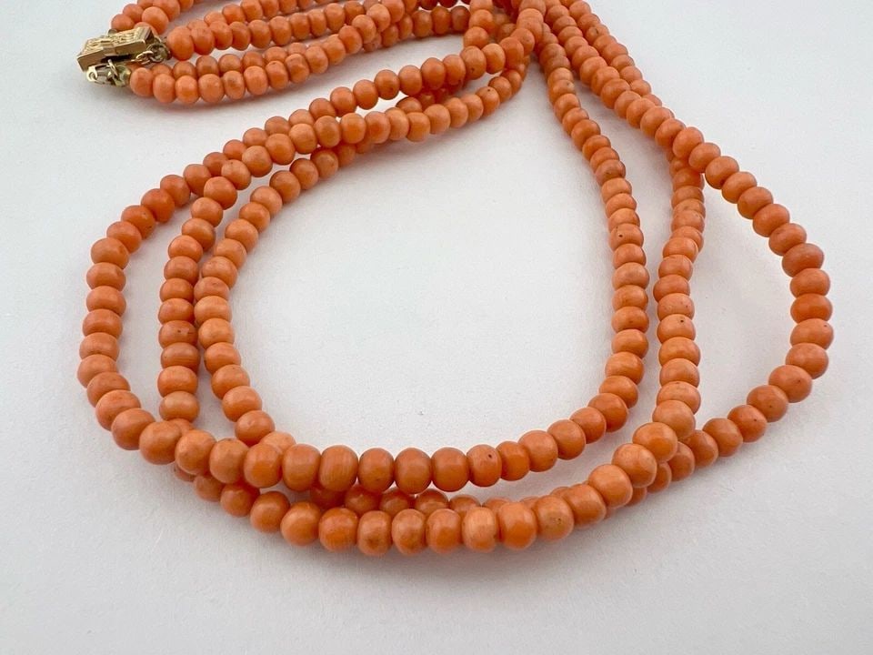 ANTIQUE VICTORIAN 14K GOLD NATURAL 4MM SALMON CORAL 3 STAND NECKLACE 15.75" (1 of 2)