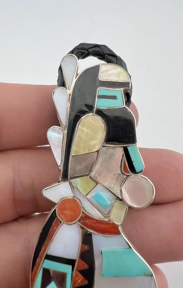 ELDRED MARTINEZ ZUNI STERLING SILVER MULTI GEM KACHINA DANCER BOLO TIE 3 1/8" (1 of 2)
