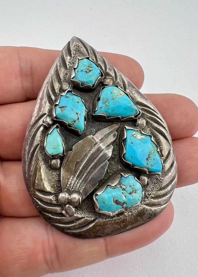 VTG SIMPLICIO FAMILY ZUNI STERLING SILVER TURQUOISE TEARDROP PIN PENDANT 2.5" (1 of 2)