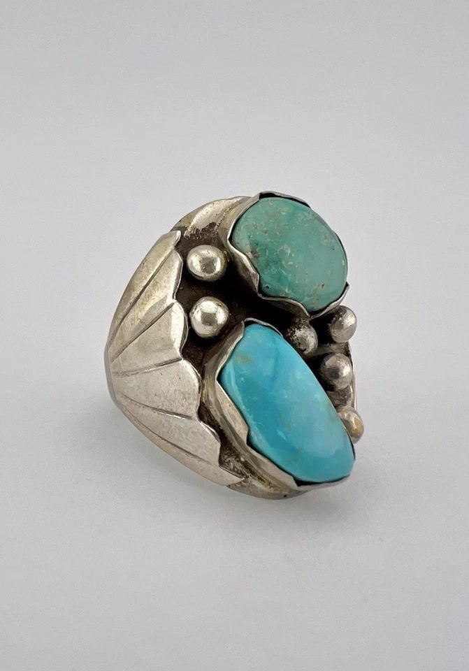 VTG NAVAJO STERLING SILVER HIGH GRADE KINGMAN TURQUOISE STAMPED MEN'S RING 25.2G (1 of 2)