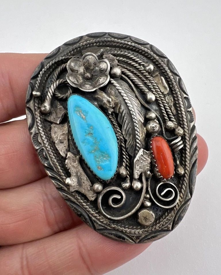 VINTAGE NAVAJO STERLING SILVER KINGMAN TURQUOISE & RED CORAL BOLO TIE 2.5"-39.6G (1 of 2)
