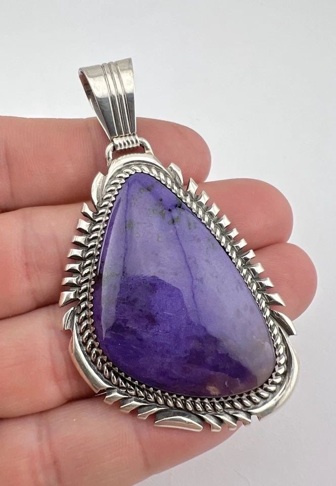 VTG LOREN THOMAS BEGAY NAVAJO STERLING SILVER CHAROITE STAMPED PENDANT 2 7/8" (1 of 2)
