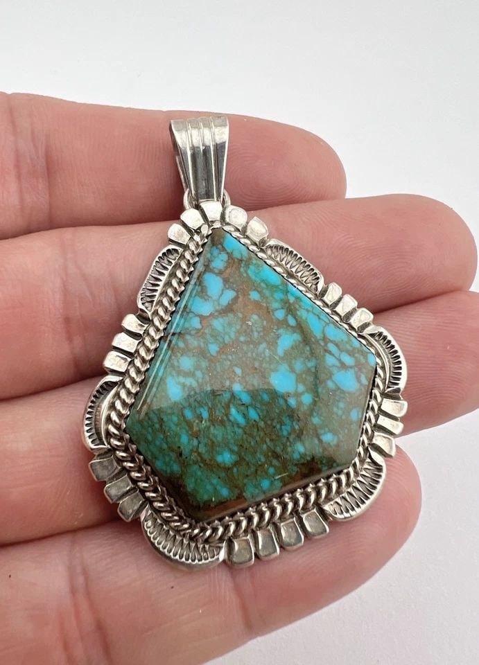 VTG WILL DENETDALE NAVAJO STERLING SILVER WEBBED ROYSTON TURQUOISE PENDANT 2.25" (1 of 2)