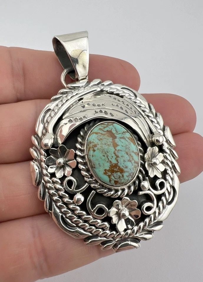 VTG NAVAJO STERLING SILVER PILOT MOUNTAIN TURQUOISE STAMPED PENDANT 2 7/8"-33.3G: VTG NAVAJO STERLING SILVER PILOT MOUNTAIN TURQUOISE STAMPED PENDANT 2 7/8"-33.3G Vtg Navajo Sterling Silver Pilot Mountain Turquoise Stamped Pendant 2 7/8"-33.3g Size: 2 7/8" Tall With Bail & 1 3/4" W