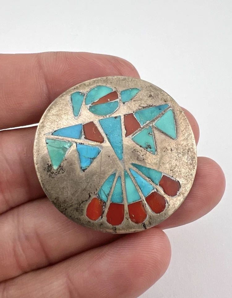 EARLY FRANK VACIT ATTRIBUTED ZUNI STERLING SILVER FLUSH THUNDERBIRD PIN BROOCH (1 of 2)