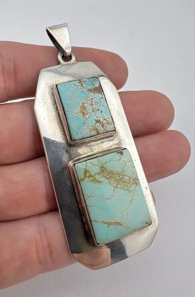 HUGE VTG NAVAJO STERLING SILVER WEBBED ROYSTON TURQUOISE PENDANT 3 1/8"- 34.7G (1 of 2)