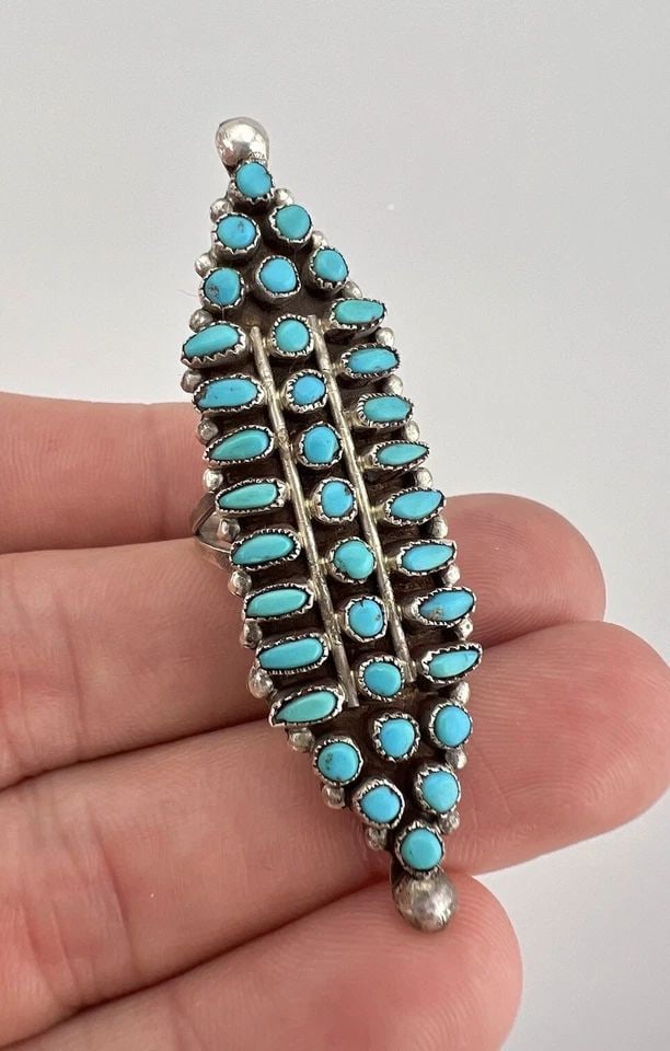 HUGE VINTAGE NATIVE AMERICAN ZUNI SILVER SNAKE EYE TURQUOISE RING 2 3/8" LONG: HUGE VINTAGE NATIVE AMERICAN ZUNI SILVER SNAKE EYE TURQUOISE RING 2 3/8" LONG HUGE Vintage Native American Zuni Silver Snake Eye Turquoise Ring 2 3/8" Long Size: 7- Can Be re Sized Weight is 8.1 Grams