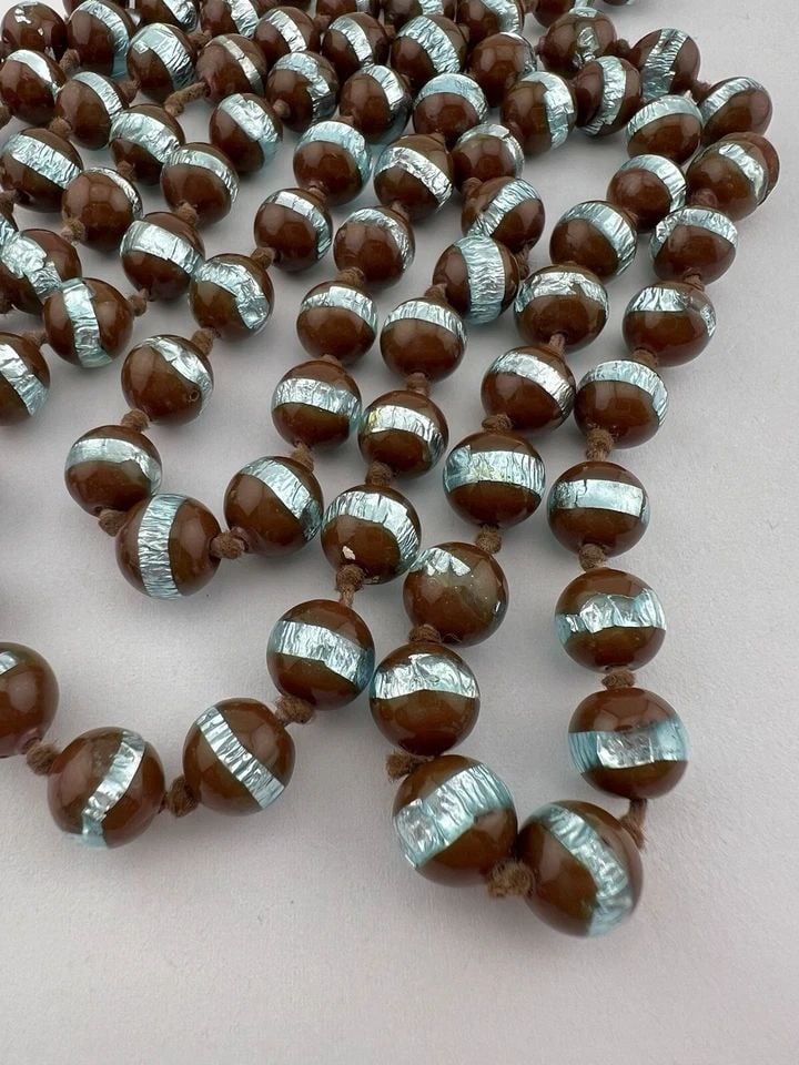VINTAGE VENETIAN MURANO GLASS FOILED BLUE & BROWN KNOTTED NECKLACE 58" (1 of 2)