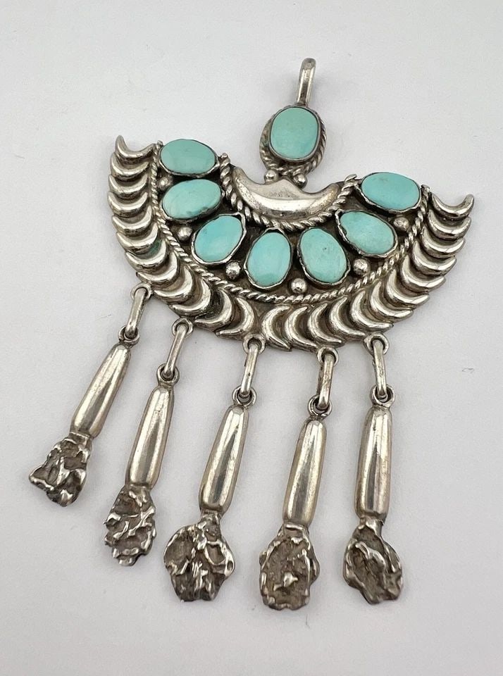 VTG FRED & ELSIE LONCONSELLO ZUNI STERLING SILVER TURQUOISE DANGLE PENDANT 3.75" (1 of 2)