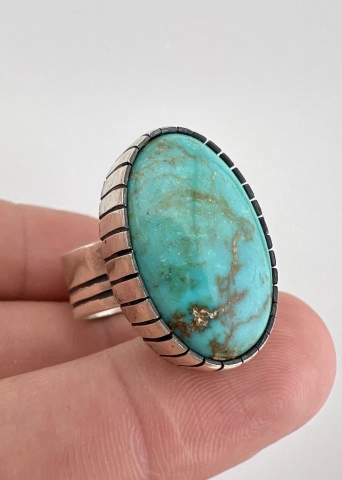 VTG NAVAJO STERLING SILVER ROYSTON TURQUOISE STAMPED ADJUSTABLE RING 15.5G (1 of 2)