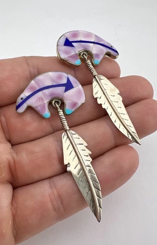 NAVAJO STERLING SILVER SPINY OYSTER TURQUOISE LAPIS BEAR FEATHER EARRINGS 2.5": NAVAJO STERLING SILVER SPINY OYSTER TURQUOISE LAPIS BEAR FEATHER EARRINGS 2.5" Vtg Navajo Sterling Silver Spiny Oyster Turquoise Lapis Bear Feather Earrings 2.5" Size: 2 1/2" Tall With Dangle By 1 1/4