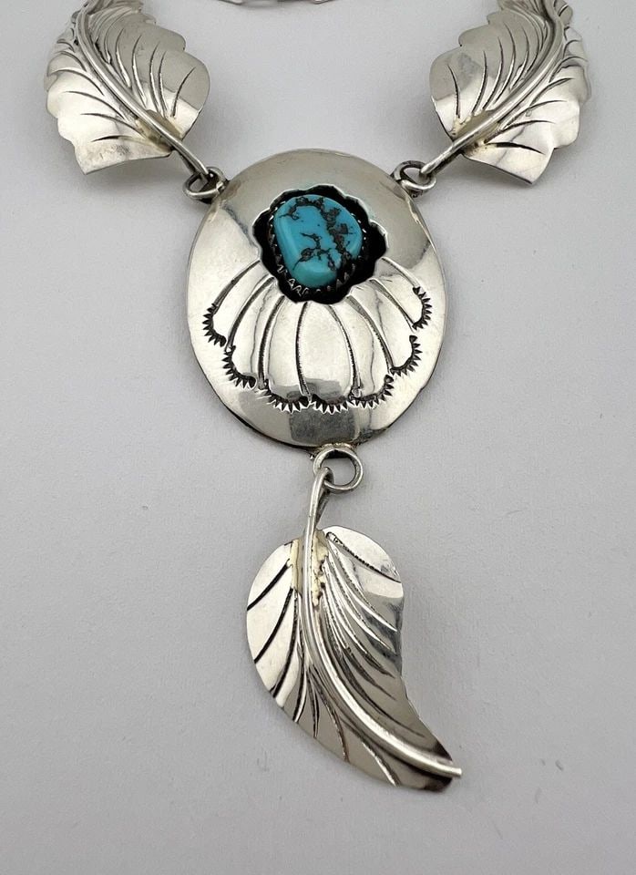 VTG NAVAJO STERLING SILVER TURQUOISE FEATHER COLLAR DANGLE SHADOWBOX NECKLACE (1 of 2)