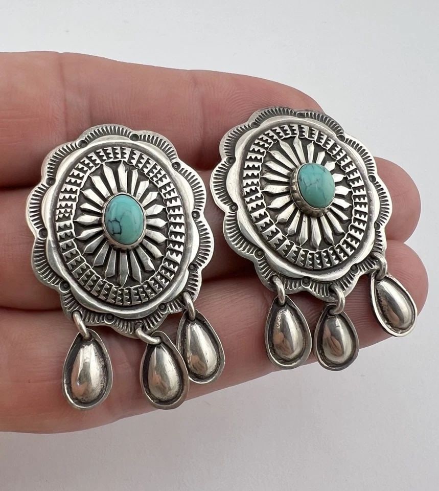 VINTAGE NAVAJO STERLING SILVER TURQUOISE DEEP STAMPED DANGLE POST EARRINGS 1.75" (1 of 2)