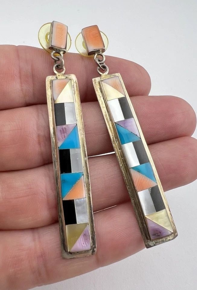 HUGE VTG NAVAJO STERLING SILVER MULTI GEMSTONE FLUSH INLAY POST EARRINGS 2.75" (1 of 2)