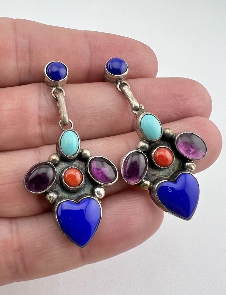 VTG NAVAJO STERLING SILVER AMETHYST TURQUOISE CORAL LAPIS HEART POST EARRINGS (1 of 2)