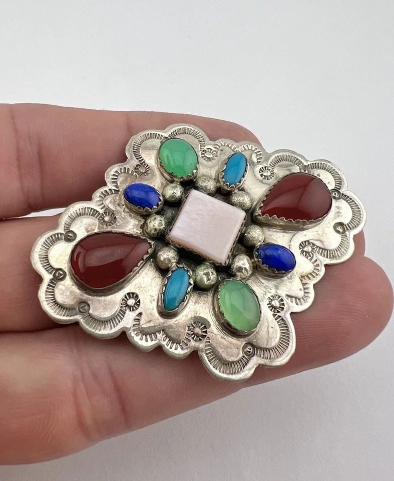WILL DENETDALE NAVAJO STERLING SILVER NATURAL MULTI GEMSTONE PIN BROOCH 2.25" (1 of 2)