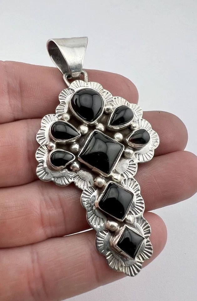 HUGE VTG NAVAJO STERLING SILVER BLACK ONYX STAMPED DRAGONFLY CROSS PENDANT 3": HUGE VTG NAVAJO STERLING SILVER BLACK ONYX STAMPED DRAGONFLY CROSS PENDANT 3" HUGE Vtg NAVAJO Sterling Silver Black Onyx Stamped Dragonfly Cross Pendant 3" Size: 3" Tall With bail By Over 1 1/2" Wide 