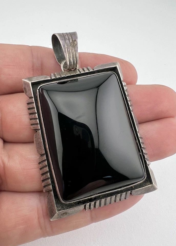 WILL DENETDALE NAVAJO STERLING SILVER ONYX DOUBLE STACK RECTANGLE PENDANT 2.75" (1 of 2)