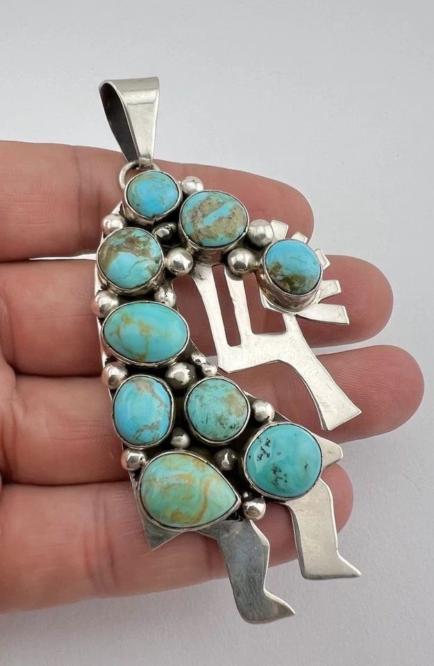 VTG BEA TOM NAVAJO STERLING SILVER TURQUOISE CLUSTER KOKOPELLI PENDANT 3 5/8" (1 of 2)