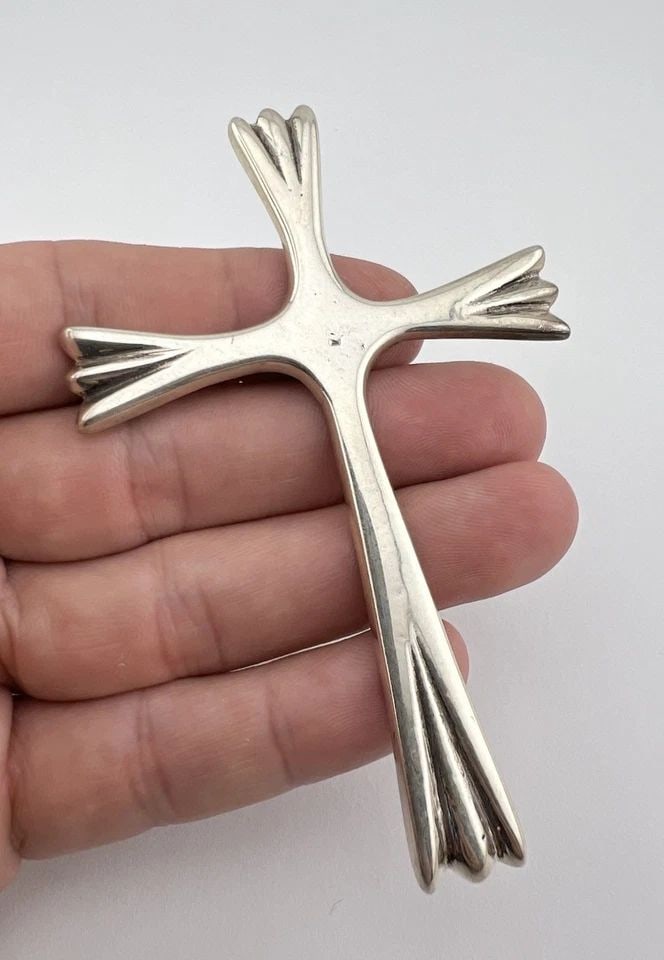 HUGE VINTAGE NAVAJO STERLING SILVER SANDCAST INGOT STAMPED CROSS PENDANT 3 7/8" (1 of 2)
