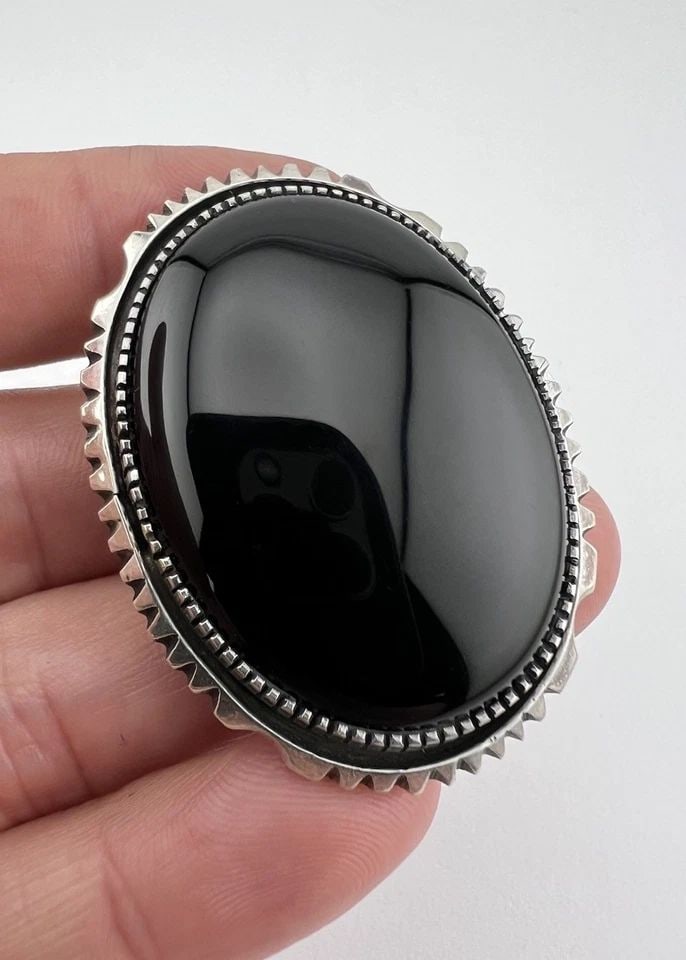 VINTAGE P.ATTAKAI NAVAJO STERLING SILVER ONYX STAMPED OVAL PIN PENDANT 2" (1 of 2)