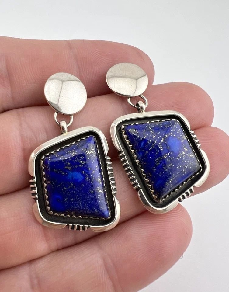VINTAGE WILL DENETDALE NAVAJO STERLING SILVER LAPIS LAZULI DANGLE EARRINGS 1.5" (1 of 2)