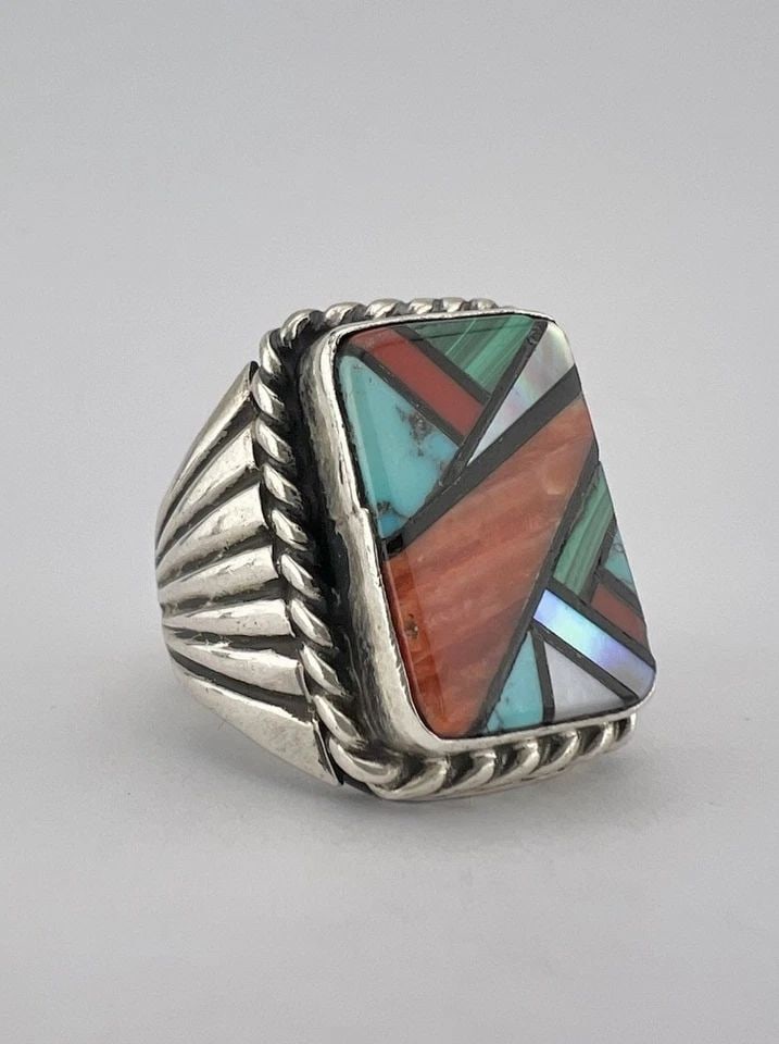 VINTAGE NAVAJO STERLING SILVER MULTI GEMSTONE INLAY STAMPED MEN'S RING 19.2G (1 of 2)