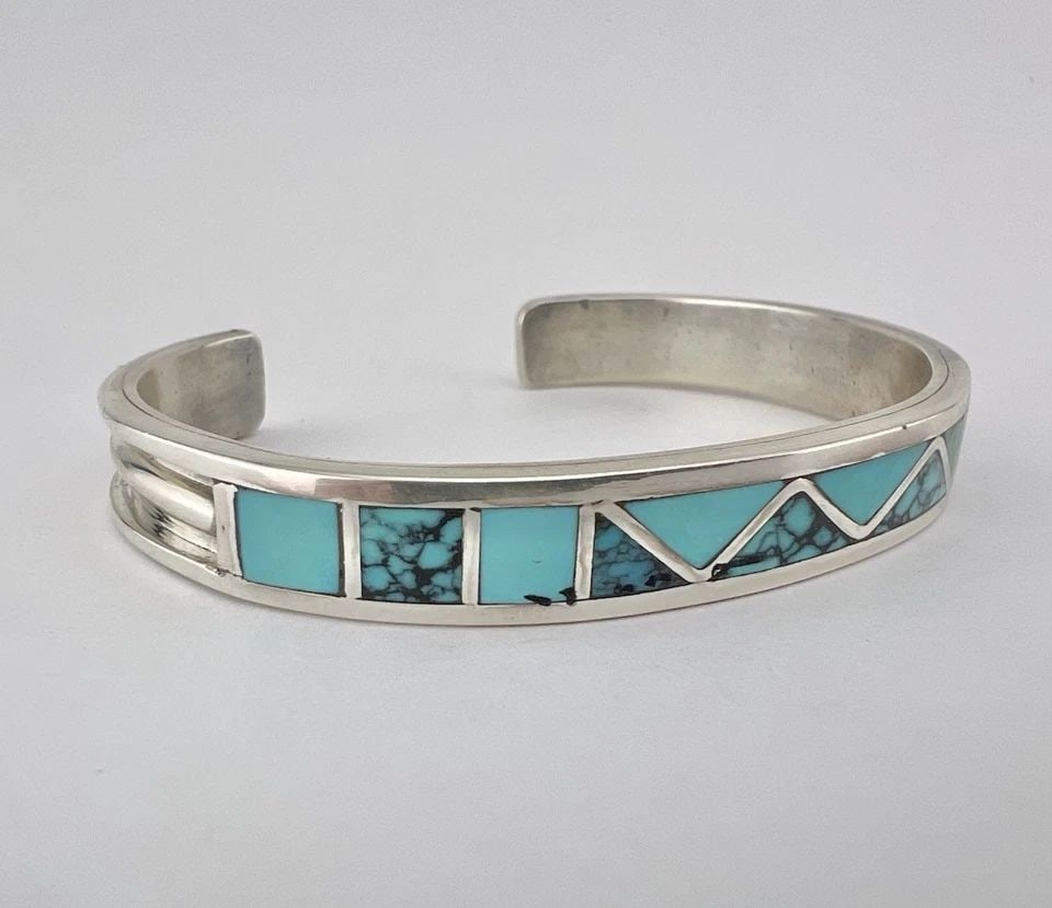 ANITA BANTEAH ZUNI STERLING SILVER NATURAL TURQUOISE FLUSH INLAY CUFF BRACELET (1 of 2)