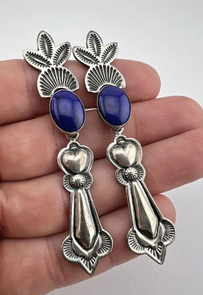 VTG NAVAJO STERLING SILVER LAPIS LAZULI DEEP STAMPED LONG DANGLE EARRINGS 3": VTG NAVAJO STERLING SILVER LAPIS LAZULI DEEP STAMPED LONG DANGLE EARRINGS 3" Vtg Navajo Sterling Silver Lapis Lazuli Deep Stamped Long Dangle Earrings 3" Size: 3" Tall With Dangle & 5/8" Wide at the B
