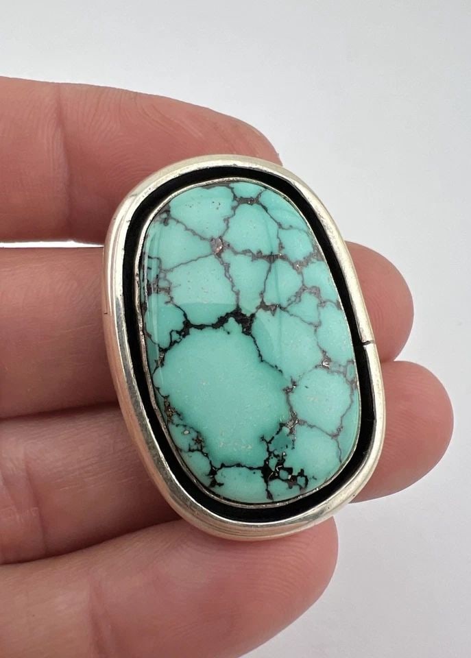 VTG DOUG ZACHARY NAVAJO STERLING SILVER SPIDERWEB TURQUOISE SHADOWBOX PENDANT (1 of 2)