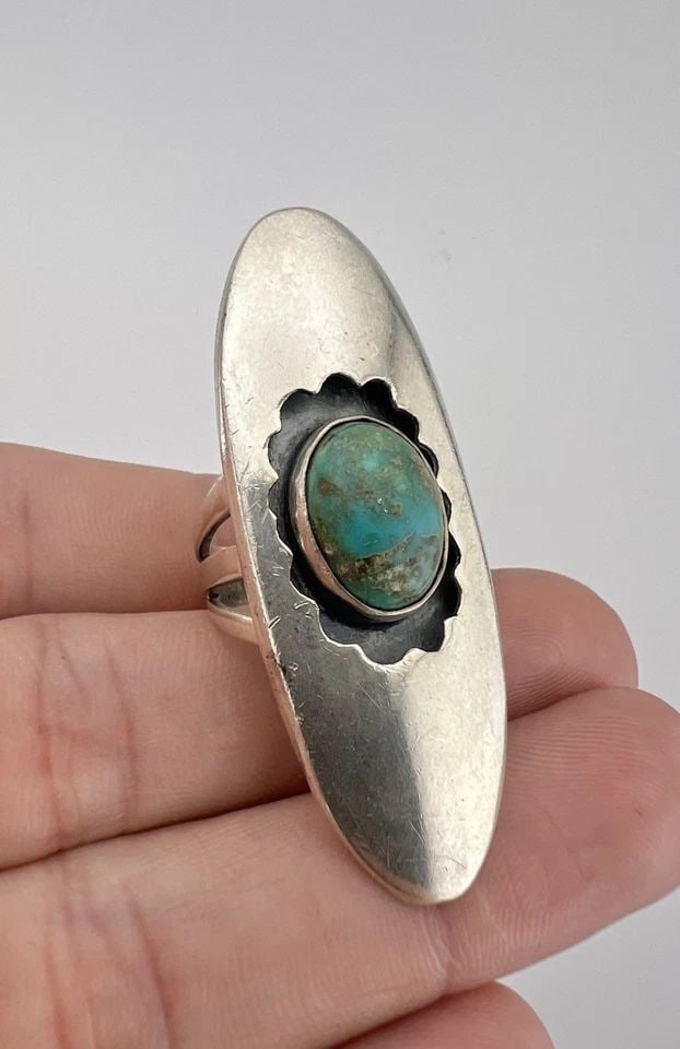 VINTAGE NAVAJO STERLING SILVER ROYSTON TURQUOISE LARGE SHADOWBOX RING 2 1/8" (1 of 2)