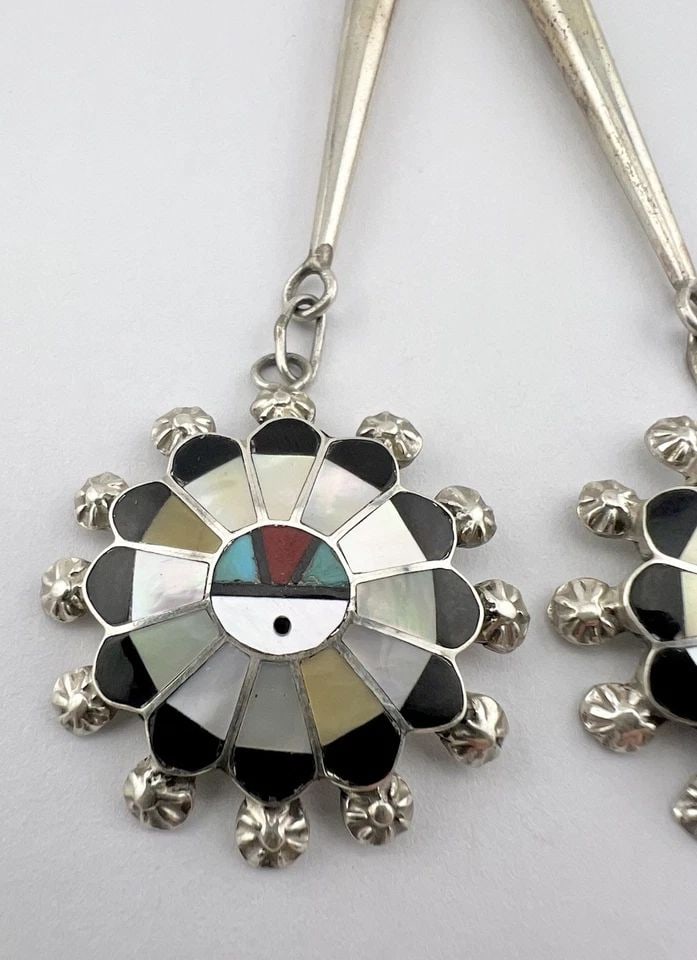 VTG NAVAJO / ZUNI STERLING SILVER MULTI GEMSTONE SUNFACE BOLO TIE TIPS 3 1/8": VTG NAVAJO / ZUNI STERLING SILVER MULTI GEMSTONE SUNFACE BOLO TIE TIPS 3 1/8" Vtg Navajo Sterling Silver Multi Gemstone Flush Inlay Dangle Post Earrings 2" Size: 3 3/4" Tall With Dangle By 1 1/4" Wide