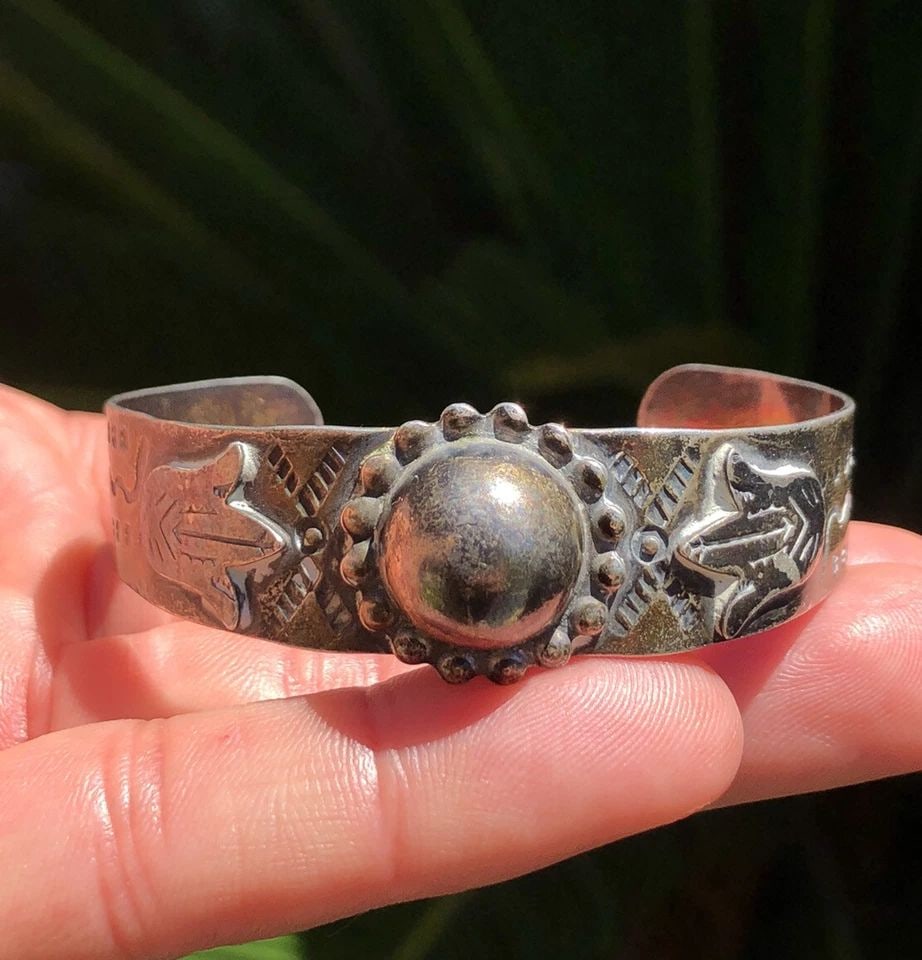 VTG PAWN FRED HARVEY ERA NAVAJO STERLING SILVER STAMPED INGOT BALL CUFF BRACELET (1 of 2)