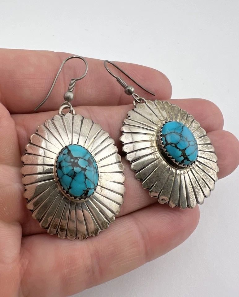 VTG NAVAJO STERLING SILVER WEBBED KINGMAN TURQUOISE STAMPED HOOK EARRINGS 2.25" (1 of 2)