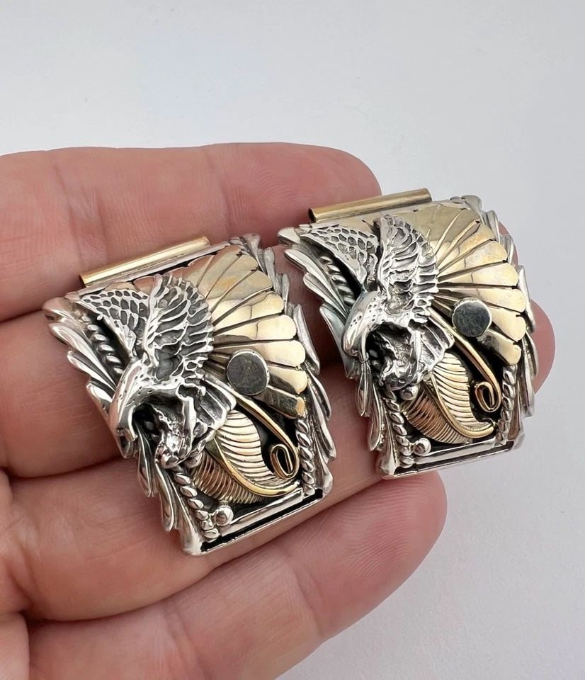 VTG RB NAVAJO STERLING SILVER GOLD FILLED STAMPED 3D EAGLE MEN'S WATCH TIPS 30G (1 of 2)