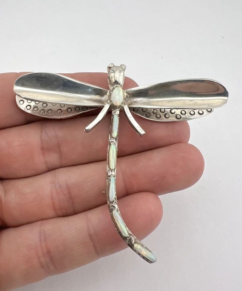 HUGE VTG NAVAJO STERLING SILVER FIRE OPAL DRAGON FLY PIN PENDANT 2 7/8" (1 of 2)