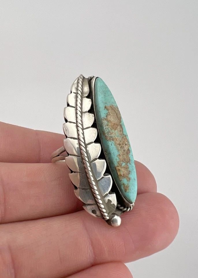 VTG NAVAJO STERLING SILVER TURQUOISE DETAILED 3D STAMPED LEAF LONG RING 1 5/8" (1 of 2)