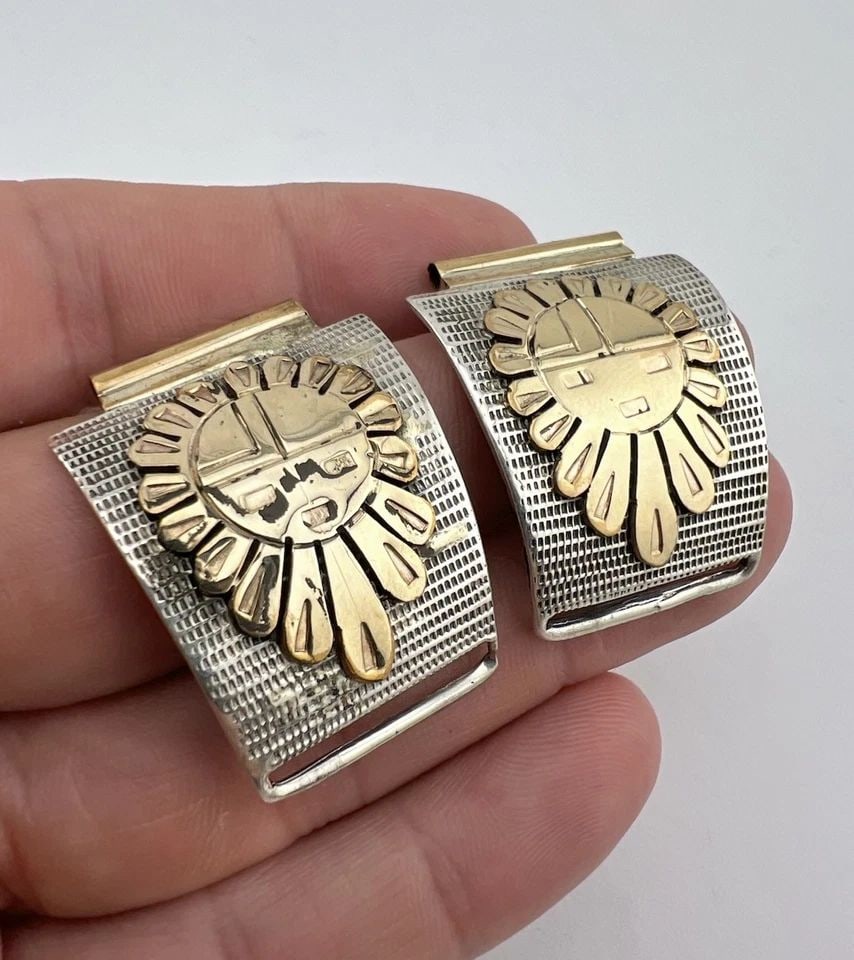 VTG NAVAJO STERLING SILVER & GOLD-FILLED SUNFACE STAMPED MEN'S WATCH TIPS (1 of 2)