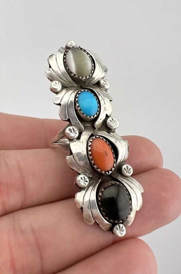 VINTAGE 2.25" NAVAJO STERLING SILVER MULTI GEMSTONE STAMPED LONG RING (1 of 2)