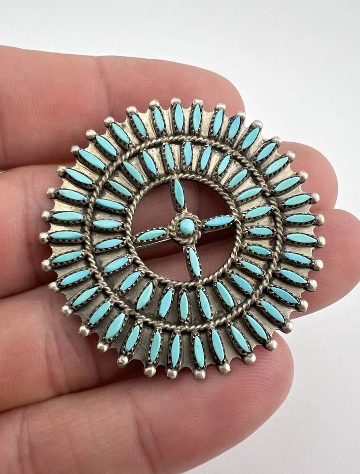 VTG ZUNI STERLING SILVER NEEDLEPOINT TURQUOISE CLUSTER PIN BROOCH PENDANT 1 5/8" (1 of 2)