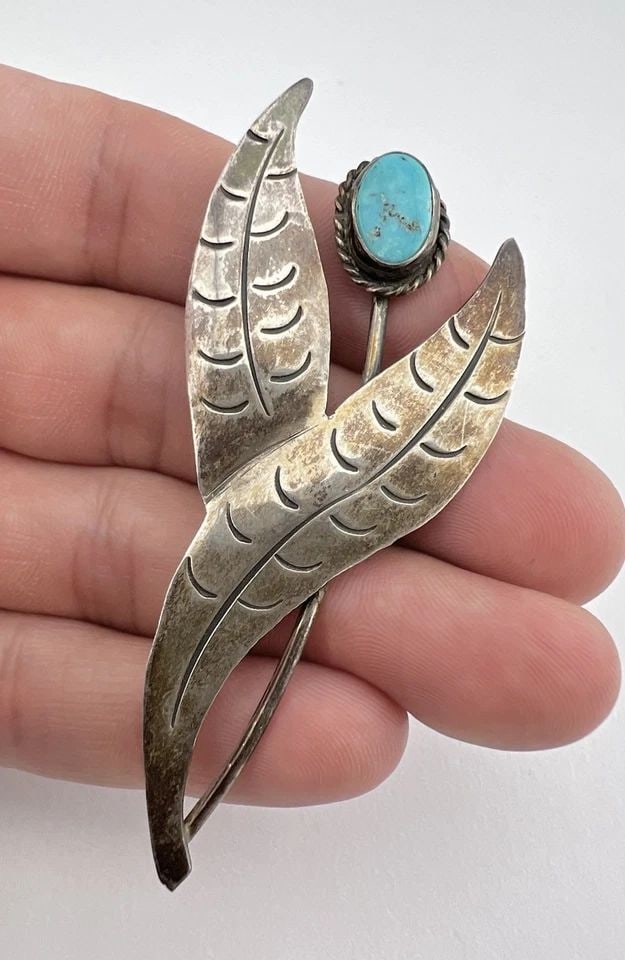 OLD PAWN NAVAJO STERLING SILVER STAMPED FLOWER FLORAL PIN BROOCH 3" (1 of 2)