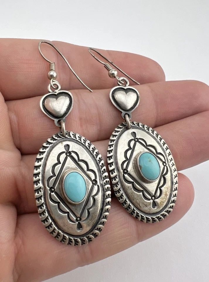 VINTAGE NAVAJO STERLING SILVER TURQUOISE STAMPED HEART HOOK POST EARRINGS 2.5": VINTAGE NAVAJO STERLING SILVER TURQUOISE STAMPED HEART HOOK POST EARRINGS 2.5" Vintage Navajo Sterling Silver Turquoise Stamped Heart Hook Post Earrings 2.5" Size: 2 1/2" Tall With Dangle & 7/8" Wide 