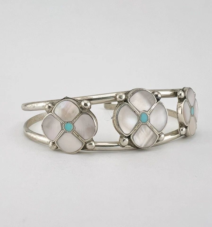 RARE VTG SIMPLICIO STERLING SILVER TURQUOISE & MOP FLUSH FLOWER CUFF BRACELET (1 of 2)