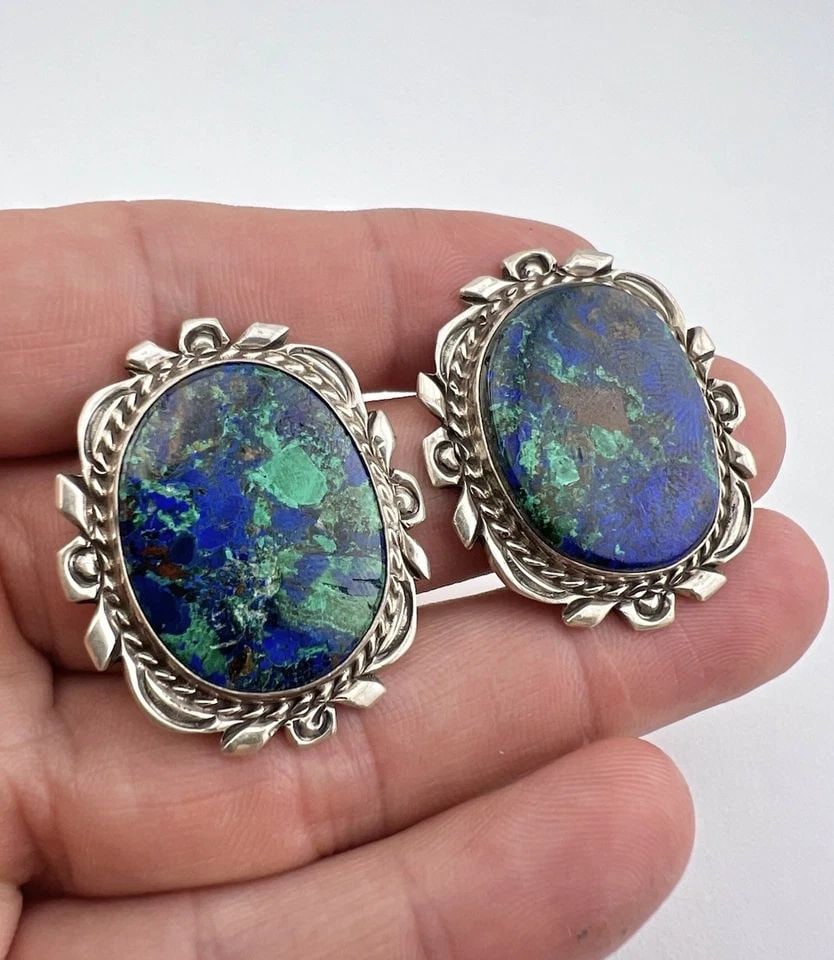 HUGE VTG BILLIE EAGLE NAVAJO STERLING SILVER NATURAL AZURITE OVAL CLIP EARRINGS (1 of 2)