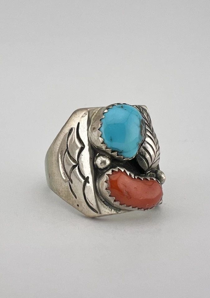 VTG NAVAJO STERLING SILVER TURQUOISE & CORAL STAMPED INGOT SQUARE MEN'S RING (1 of 2)