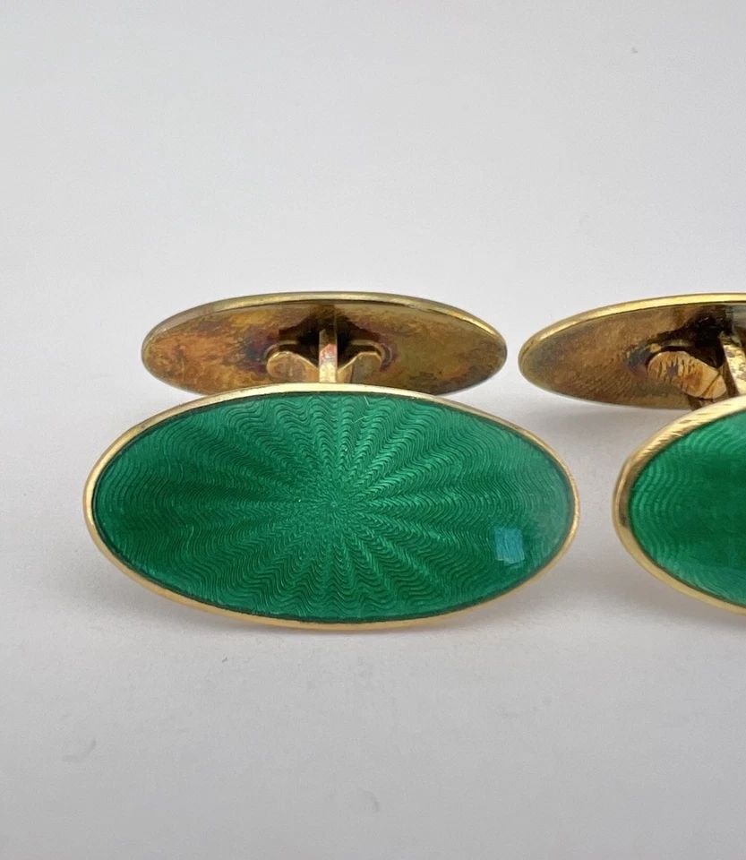 VINTAGE DAVID ANDERSON STERLING SILVER GREEN ENAMEL OVAL CUFFLINKS -ORIGINAL BOX (1 of 2)