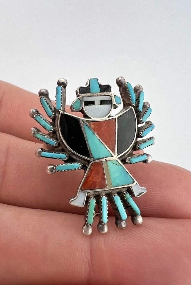 DELFINE TSADIASE CACHINI ZUNI STERLING SILVER MULTI GEM FLUSH KNIFEWING RING (1 of 2)