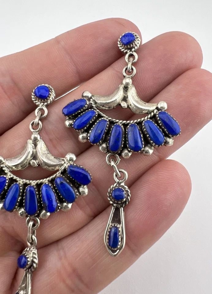 VTG BILL & LOU LAWEKA ZUNI NATURAL BLUE LAPIS LAZULI POST DANGLE EARRINGS 2.5" (1 of 2)