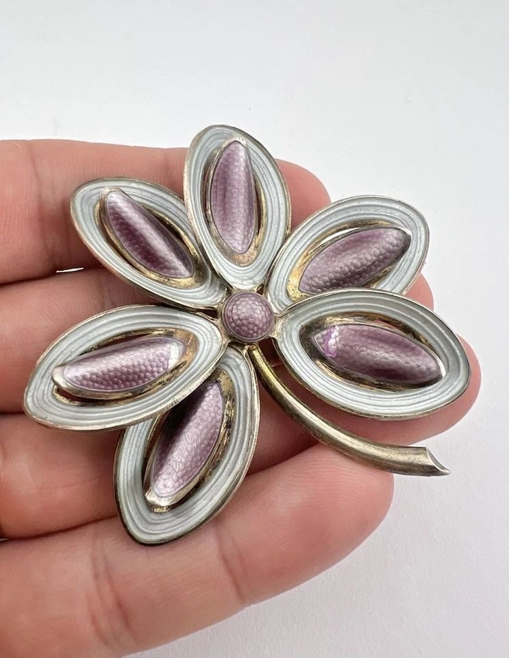 2.5" VTG AKSEL HOLMSEN MODERNIST NORWAY ENAMEL STERLING SILVER FLOWER BROOCH PIN (1 of 2)